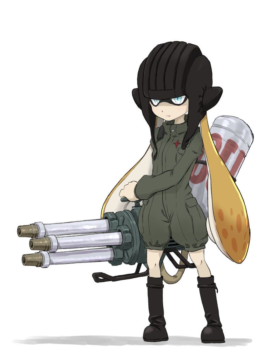 1girl black_boots blonde_hair blue_eyes boots closed_mouth commentary emblem full_body fusion girls_und_panzer green_jumpsuit hasisisissy helmet highres holding holding_weapon hydra_splatling_(splatoon) inkling katyusha knee_boots long_hair long_sleeves pravda_military_uniform short_jumpsuit simple_background solo splatoon standing tentacle_hair weapon white_background