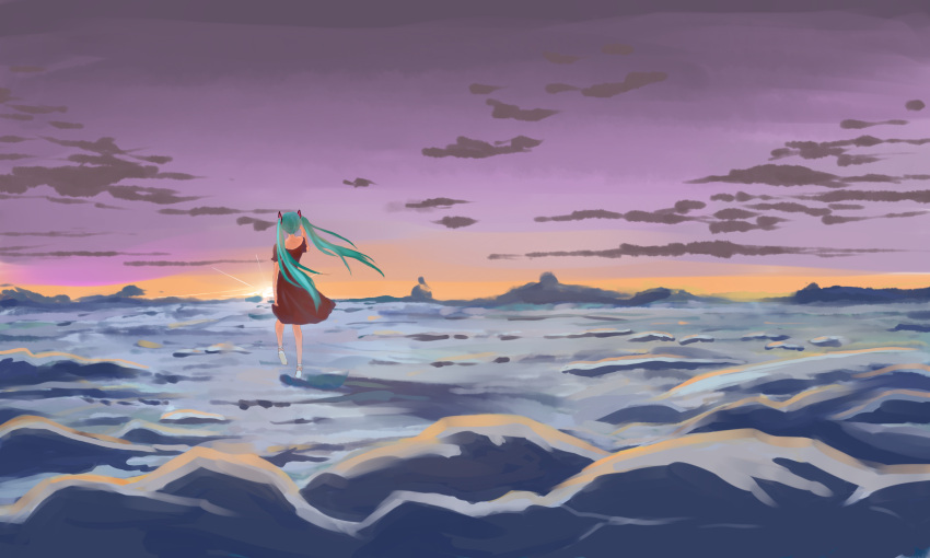 1girl alternate_costume aqua_hair clouds cloudy_sky from_behind hatsune_miku highres long_hair long_twintails painterly scenery sky solo standing standing_on_one_leg sunset twintails vocaloid zhaitengjingcang