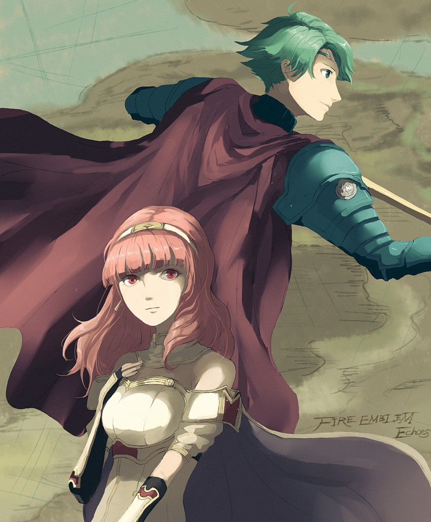 1boy 1girl alm_(fire_emblem) armor breastplate cape celica_(fire_emblem) fingerless_gloves fire_emblem fire_emblem_echoes:_mou_hitori_no_eiyuuou fire_emblem_gaiden gloves highres holding holding_sword holding_weapon jabeko looking_at_viewer pauldrons sword weapon