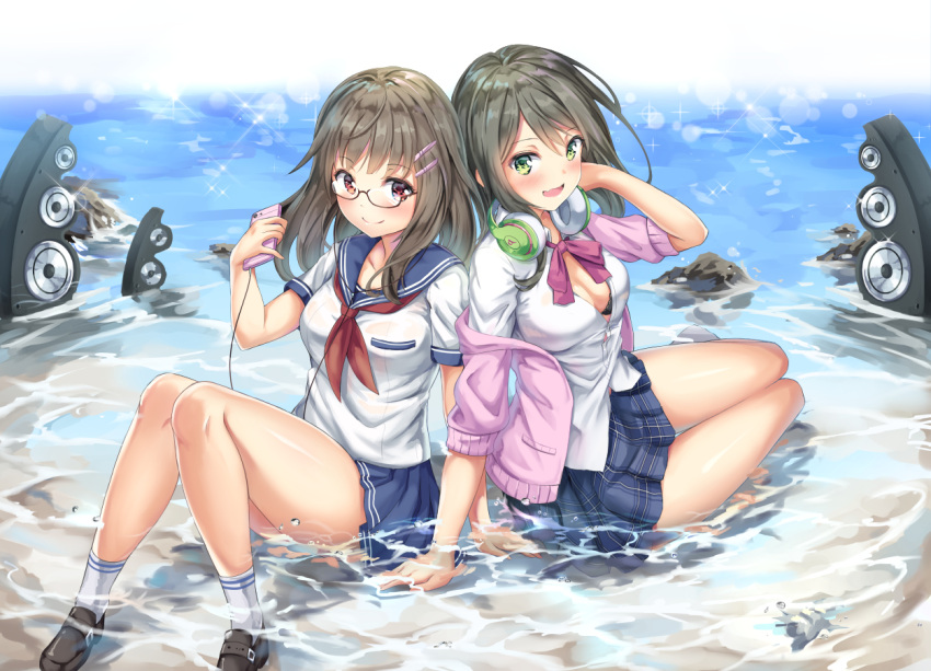 2girls arm_support bangs bare_legs beach black_bra black_shoes blue_skirt blush bra breasts brown_hair cellphone cenangam checkered checkered_skirt closed_mouth commentary_request day eyebrows_visible_through_hair full_body glasses green_eyes hair_ornament hairclip headphones holding holding_phone long_hair loudspeaker medium_breasts multiple_girls neckerchief off_shoulder open_mouth original outdoors phone pink_sweater pleated_skirt red_eyes red_neckerchief school_uniform serafuku shirt shoes short_sleeves siblings sitting skirt smartphone smile socks sweater twins underwear water wet wet_clothes wet_skirt white_legwear white_shirt wind