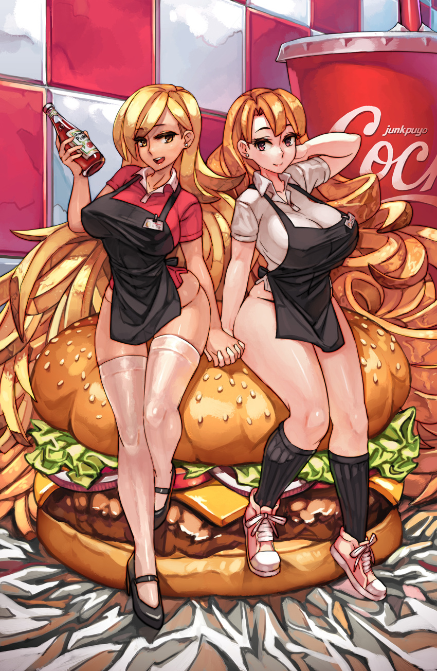 2girls absurdly_long_hair apron artist_name bangs black_legwear black_shoes blonde_hair blush bottle bottomless breasts collared_shirt cup curvy earrings employee_uniform eyelashes fast_food_uniform food french_fries hamburger hand_behind_head hand_holding highres holding holding_bottle in_food interlocked_fingers jewelry junkpuyo ketchup ketchup_bottle kneehighs large_breasts long_hair looking_at_viewer minigirl multiple_girls name_tag no_pants open_mouth original paper paper_cup polo_shirt red_eyes red_shirt sesame_seeds shirt shoes short_sleeves sitting sitting_on_object smile sneakers socks stud_earrings tan taut_clothes thigh-highs tile_wall tiles uniform very_long_hair white_legwear white_shirt yellow_eyes