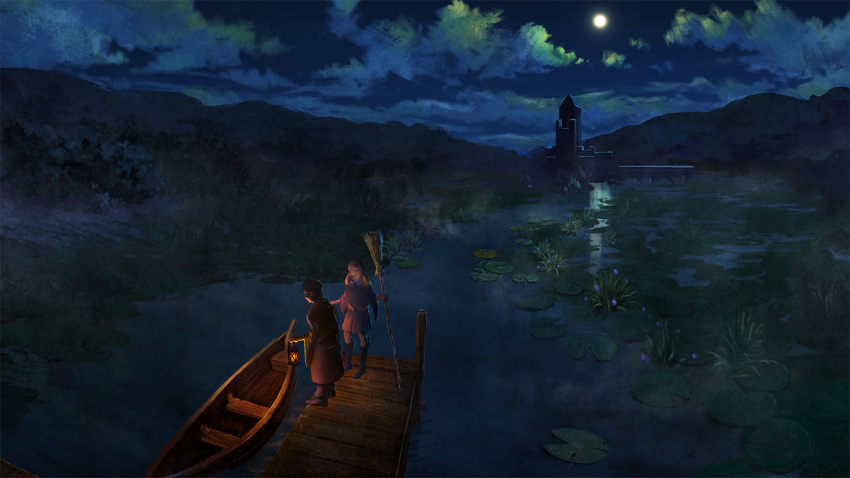 1boy 1girl blonde_hair blue_eyes blue_skirt boat boots broom dock full_moon holding holding_broom holding_lantern kai_sei looking_at_another looking_away looking_down medium_hair moon night night_sky original parted_lips scenery skirt sky smile twintails watercraft