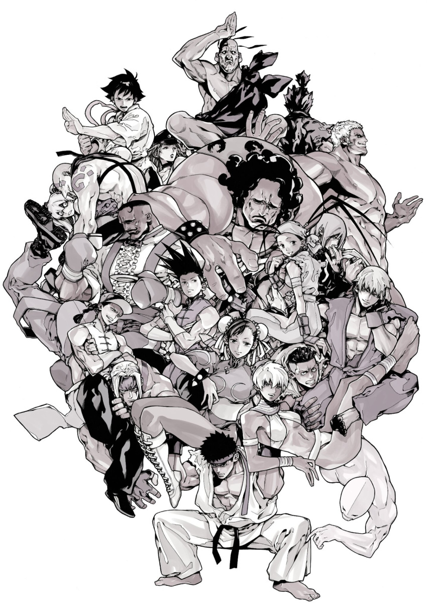 6+boys 6+girls alex_(street_fighter) chun-li dudley effie elena_(street_fighter) everyone gill gouki greyscale highres hugo_andore ibuki_(street_fighter) ken_masters makoto_(street_fighter) monochrome multiple_boys multiple_girls necro_(street_fighter) poison_(final_fight) q_(street_fighter) ryuu_(street_fighter) sean_matsuda street_fighter street_fighter_iii_(series) tagme twelve urien yang_lee yoshihara_motoki yun_lee