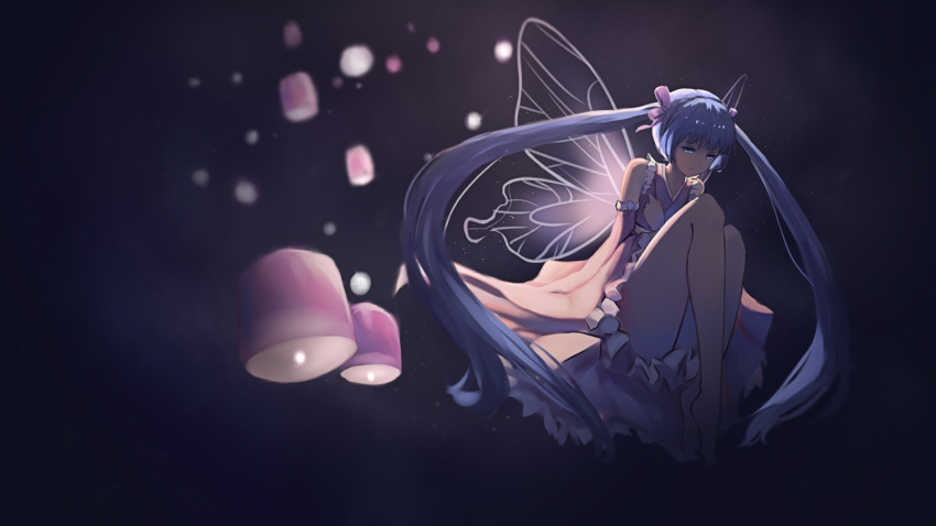 1girl bare_shoulders barli blue_eyes blue_hair butterfly_wings detached_sleeves frilled_sleeves frills hatsune_miku highres knees_to_chest long_hair long_twintails sky_lantern solo thighs toe-point twintails vocaloid wide_sleeves wings