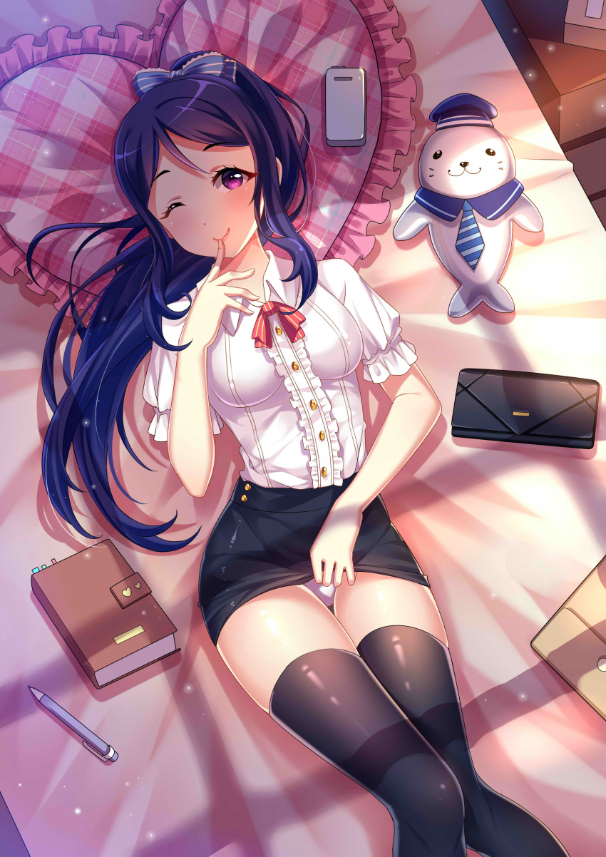 1girl :3 absurdres bag bed black_legwear black_skirt blue_bow blue_hair blue_hat blush book bookmark bow breasts buttons cellphone collared_shirt dress_shirt eyebrows_visible_through_hair finger_to_mouth frilled_pillow frills from_above hair_bow handbag hat heart heart_pillow heishan high_ponytail highres horizontal_stripes knees_together_feet_apart light_particles long_hair looking_at_viewer love_live! love_live!_sunshine!! lying matsuura_kanan medium_breasts necktie on_back on_bed one_eye_closed panties pencil pencil_skirt phone pillow red_ribbon ribbon sailor_collar sailor_hat seductive_smile shadow shirt short_sleeves skirt skirt_lift smartphone smile solo striped striped_bow striped_necktie striped_ribbon stuffed_animal stuffed_toy sunlight thigh-highs thighs tsurime underwear violet_eyes white_panties white_shirt window_shade