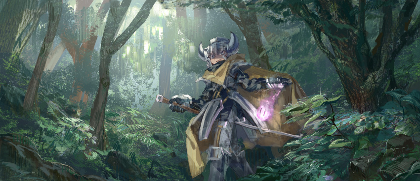 1girl absurdres armor blue_eyes blush cape fang fern fire highres holding holding_sword holding_weapon july_(shichigatsu) leaf looking_at_another open_mouth original scenery smile sword tree weapon yellow_cape