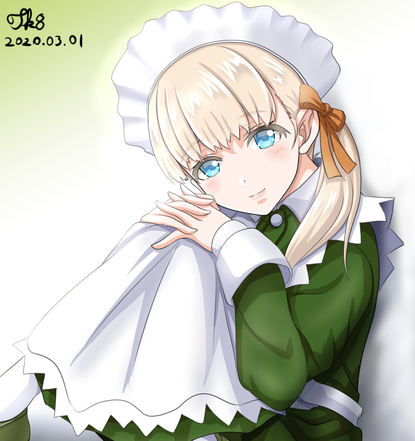 1girl alternate_costume apron artist_name bangs blonde_hair blue_eyes blush brown_ribbon buttons collared_dress commentary_request dated dress enmaided eyebrows_visible_through_hair gradient gradient_background green_background green_dress green_footwear hair_over_shoulder hair_ribbon head_tilt highres interlocked_fingers kantai_collection knees_up long_dress long_hair long_sleeves looking_at_viewer maid maid_apron maid_dress maid_headdress ribbon shadow shin'you_(kantai_collection) side_ponytail sitting smile solo tk8d32 white_background white_legwear