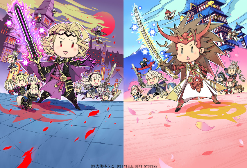 6+boys 6+girls ahoge apron aqua_hair architecture armor armored_boots asama_(fire_emblem_if) berka_(fire_emblem_if) blonde_hair blue_eyes blue_hair book boots braid brown_eyes brown_hair building camilla_(fire_emblem_if) cape castle cherry_blossoms chibi circlet clenched_teeth clouds cloudy_sky cross_scar drill_hair east_asian_architecture elfi_(fire_emblem_if) elise_(fire_emblem_if) everyone eyepatch felicia_(fire_emblem_if) female_my_unit_(fire_emblem_if) fire_emblem fire_emblem_cipher fire_emblem_if flaming_sword flora_(fire_emblem_if) flower full_moon gauntlets gloves glowing glowing_sword glowing_weapon green_eyes grey_hair grin hair_between_eyes hair_bun hair_flower hair_ornament hair_over_one_eye hairband hand_on_hip harold_(fire_emblem_if) helmet highres hinata_(fire_emblem_if) hinoka_(fire_emblem_if) horned_helmet horse japanese_armor joker_(fire_emblem_if) kagerou_(fire_emblem_if) katana kazahana_(fire_emblem_if) lazward_(fire_emblem_if) leon_(fire_emblem_if) long_hair maid maid_apron maid_headdress male_my_unit_(fire_emblem_if) marks_(fire_emblem_if) moon mountain multiple_boys multiple_girls my_unit_(fire_emblem_if) night night_sky ninja oboro_(fire_emblem_if) odin_(fire_emblem_if) official_art okuma_yuugo open_mouth outstretched_arm pants pegasus pegasus_knight petals pieri_(fire_emblem_if) pink_hair polearm ponytail purple_hair red_eyes redhead running ryouma_(fire_emblem_if) saizou_(fire_emblem_if) sakura_(fire_emblem_if) scar_on_cheek selena_(fire_emblem) setsuna_(fire_emblem_if) shield shirt short_hair silver_hair sky smile sparkle spear spire staff suzukaze_(fire_emblem_if) sword takumi_(fire_emblem_if) teeth torii triangle_mouth tsubaki_(fire_emblem_if) twin_drills violet_eyes watermark weapon wyvern zero_(fire_emblem_if)