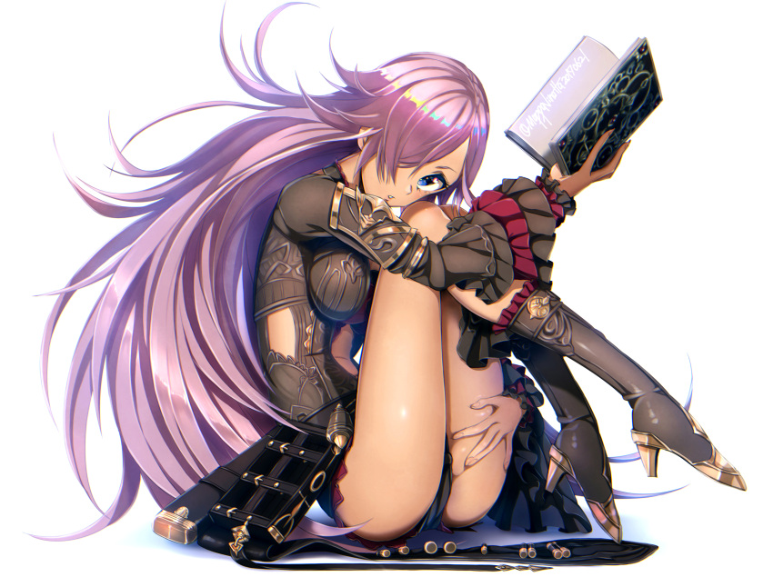 1girl blue_eyes book boots breasts cinderella_(sinoalice) dark_skin eyelashes frills full_body high_heel_boots high_heels highres holding holding_book long_hair long_sleeves looking_at_viewer pecolondon pink_hair shiny shiny_hair shiny_skin sinoalice sitting solo white_background