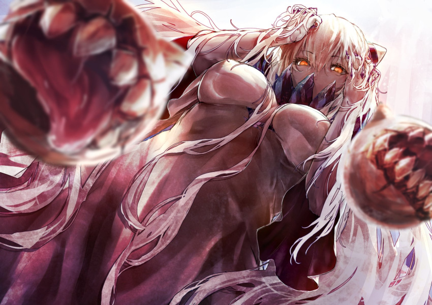 1girl breasts collar dress highres horns kantai_collection long_hair looking_at_viewer looking_down midway_hime nina_(ninageya) pale_skin red_eyes shinkaisei-kan solo white_dress white_hair