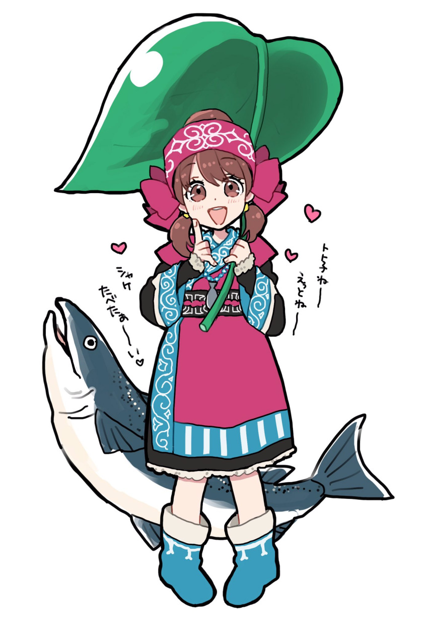 1girl ainu_clothes boots brown_eyes brown_hair dress fish full_body heart highres leaf_umbrella looking_at_viewer osomatsu-kun osomatsu-san short_hair short_twintails simple_background smile solo twintails white_background yowai_totoko