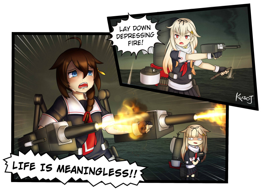 &lt;|&gt;_&lt;|&gt; 2girls 2koma ahoge artist_name black_serafuku blonde_hair blue_eyes braid brown_hair cannon comic commentary crying crying_with_eyes_open english fingerless_gloves firing gloves hair_flaps hair_ornament hair_over_shoulder hair_ribbon hairclip highres jacy kantai_collection long_hair machinery multiple_girls neckerchief necktie ocean pleated_skirt red_eyes remodel_(kantai_collection) ribbon scarf school_uniform serafuku shigure_(kantai_collection) single_braid skirt tears torpedo turret white_scarf yuudachi_(kantai_collection)