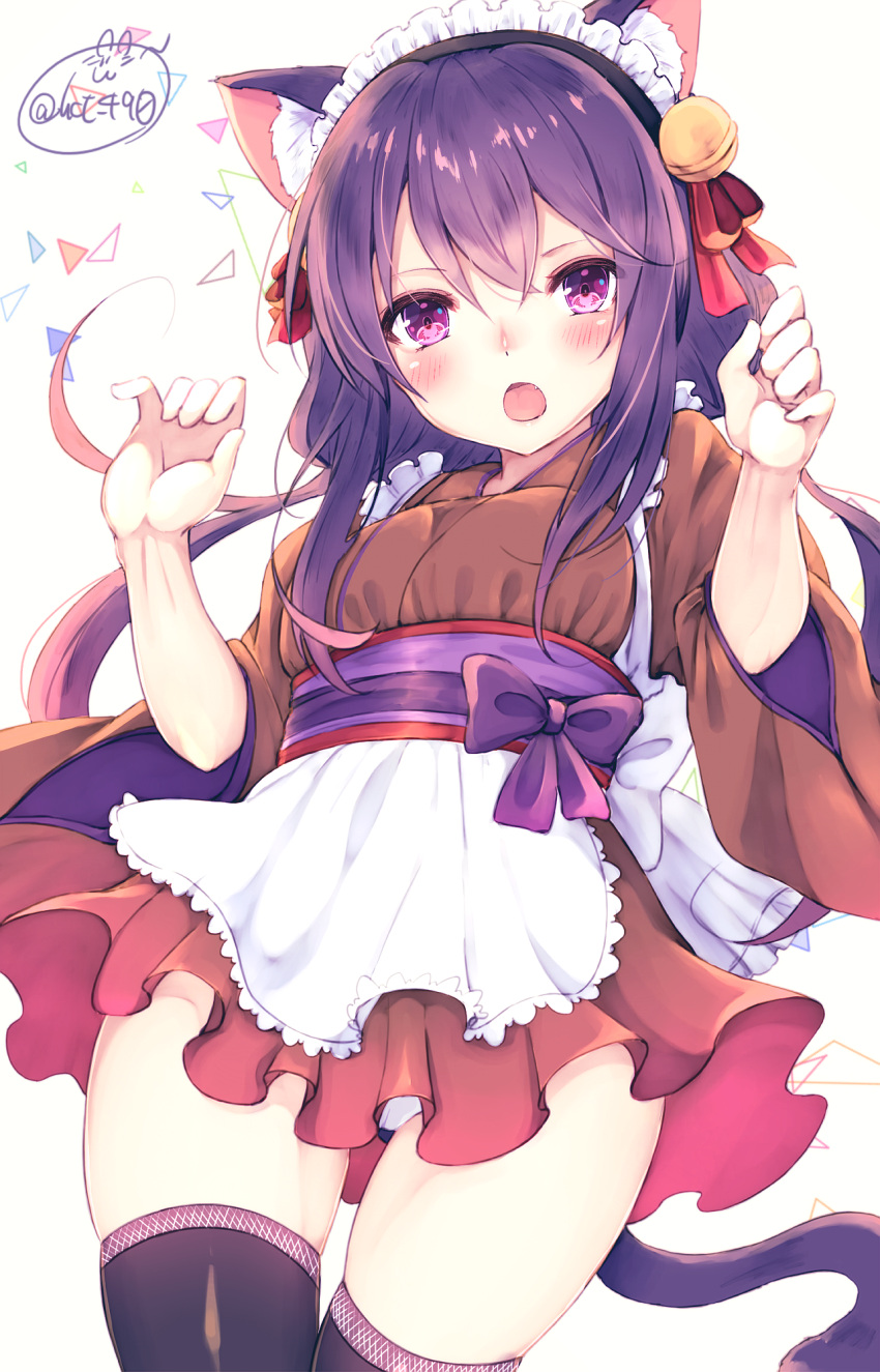 1girl animal_ears bell black_legwear cat_ears cat_tail chita_(ketchup) eyebrows_visible_through_hair fang headdress highres looking_at_viewer open_mouth original purple_hair short_sleeves signature tail thigh-highs tongue violet_eyes