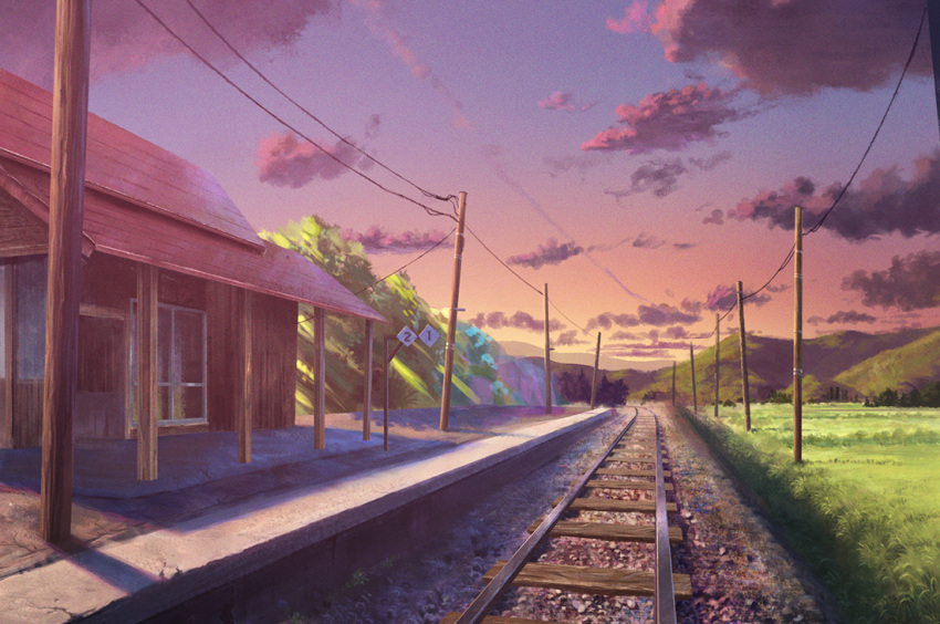building clouds cloudy_sky grass kai_sei no_humans original power_lines railroad_signal railroad_tracks scenery sky sunset