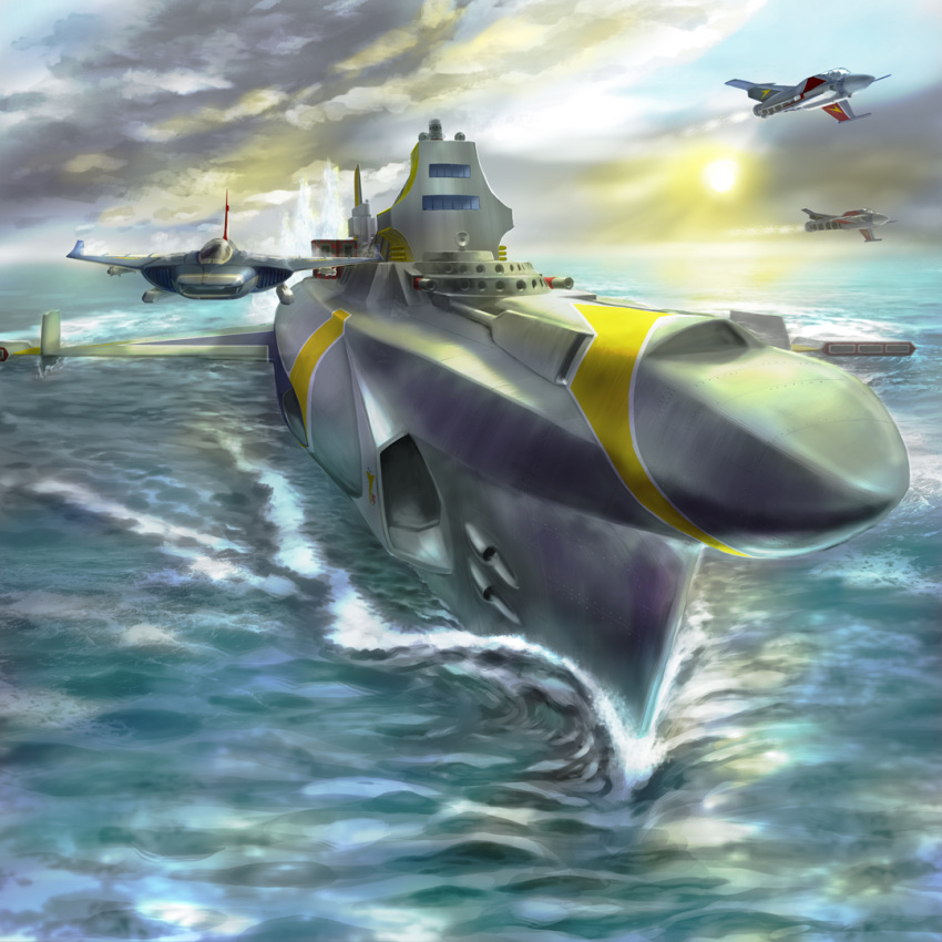 70s afterburner aircraft airplane clouds copyright_request fighter_jet igunuk jet military military_vehicle ocean oldschool original realistic science_fiction ship sun tokusatsu watercraft