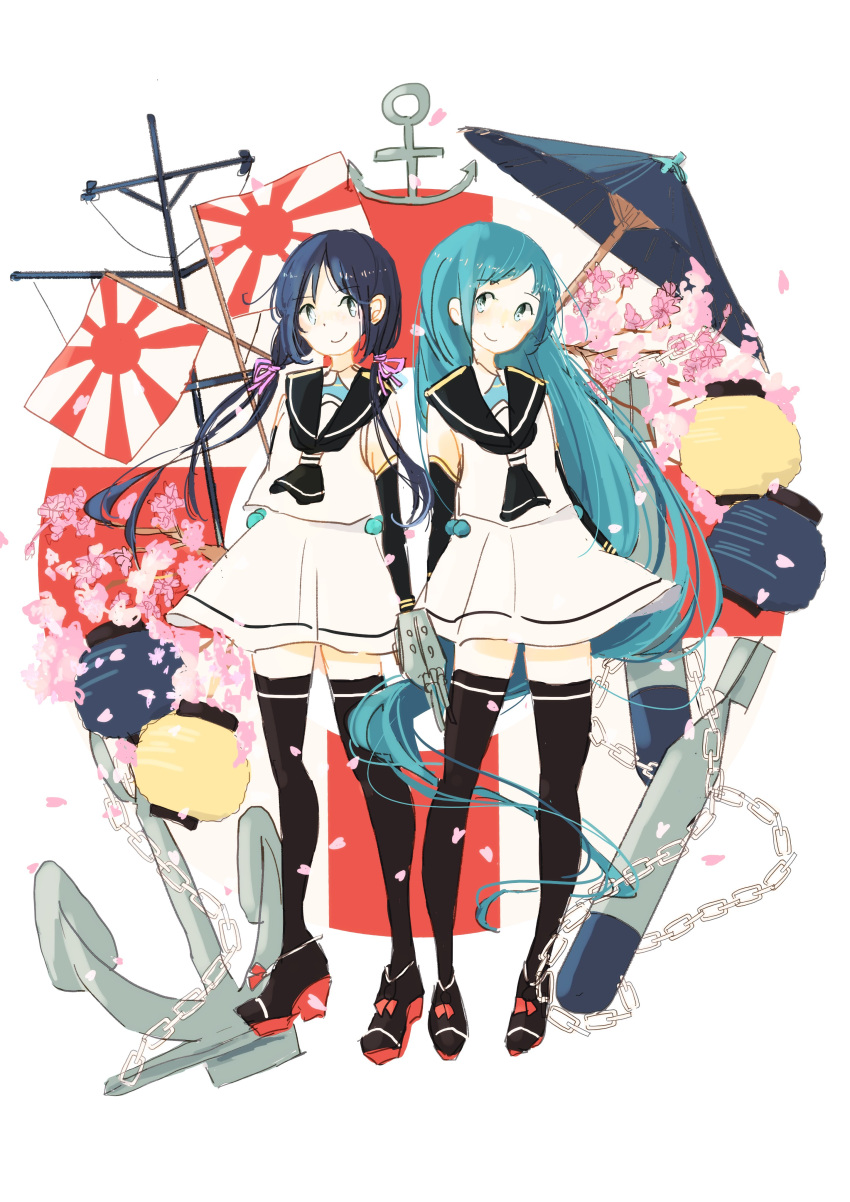 2girls absurdres anchor bangs black_gloves black_legwear blue_hair blush chains cherry_blossoms commentary_request daidai_(nana1234567) elbow_gloves eyebrows_visible_through_hair flag flagpole flower full_body gloves green_eyes gun hair_ribbon highres imperial_japanese_navy japanese_flag kantai_collection lantern long_hair looking_at_viewer low_twintails mast multiple_girls neckerchief oriental_umbrella petals ribbon rudder_shoes sailor_collar samidare_(kantai_collection) school_uniform serafuku shirt simple_background skirt sleeveless sleeveless_shirt smile suzukaze_(kantai_collection) swept_bangs torpedo turret twintails umbrella very_long_hair weapon white_background