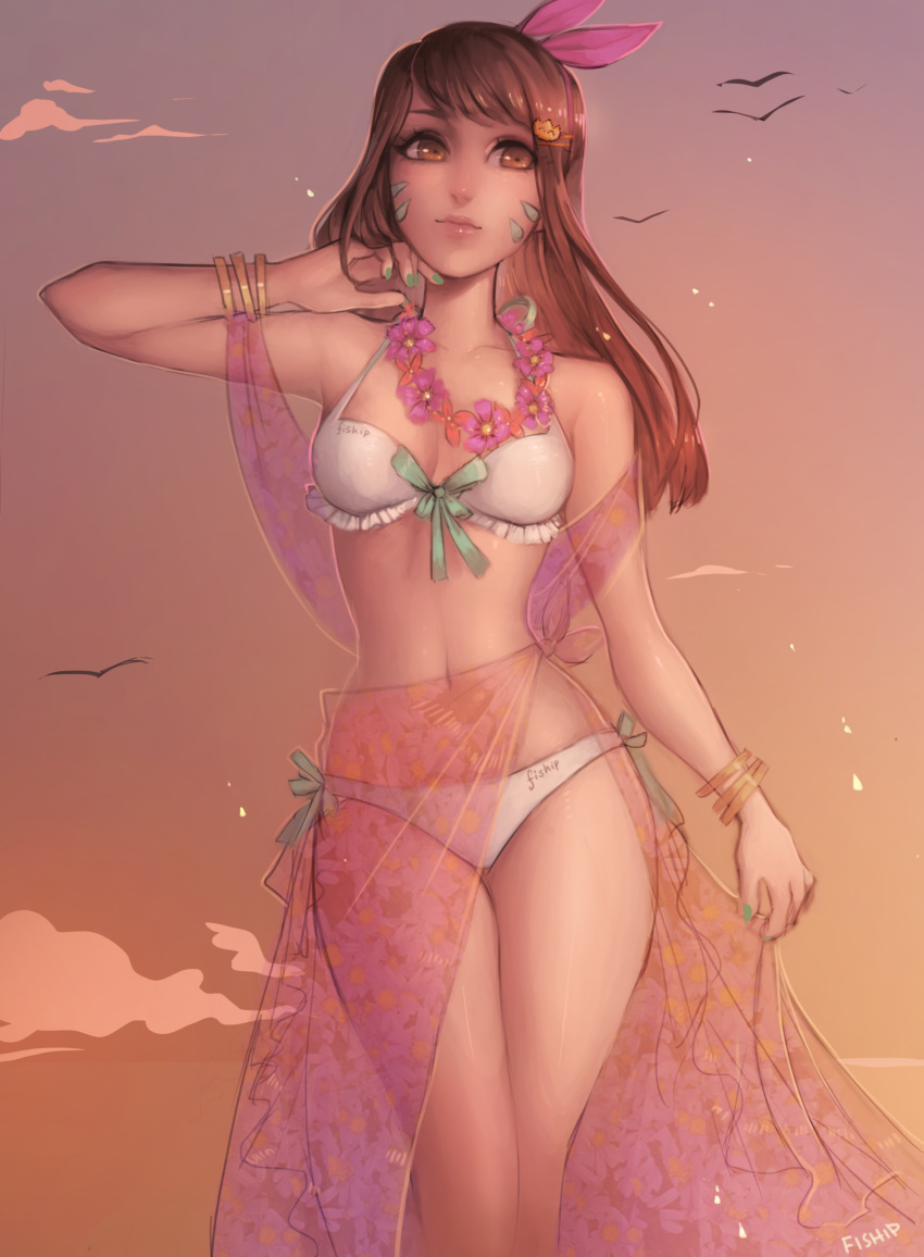 1girl absurdres arm_at_side arm_up artist_name bangle bikini bird bracelet breasts brown_eyes brown_hair clouds collarbone cowboy_shot d.va_(overwatch) floral_print frilled_bikini frills front-tie_bikini front-tie_top green_nails hair_flip hair_ornament hair_ribbon hairclip hand_on_own_cheek highres image_sample jewelry lei lips looking_at_viewer making_of matilda_vin nail_polish navel orange_sky outdoors overwatch pink_lips ribbon sarong see-through side-tie_bikini signature sky small_breasts solo swimsuit twilight whisker_markings white_bikini