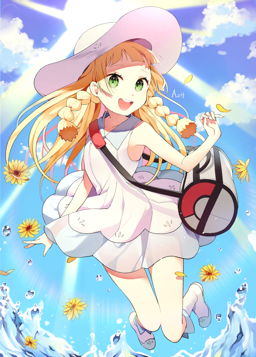 1girl :d absurdres armpits artist_name azit_(down) bag bangs bare_arms bare_shoulders blonde_hair blue_sky blunt_bangs braid breasts clouds collarbone collared_dress day dress duffel_bag flower full_body green_eyes hat highres knees_together_feet_apart lillie_(pokemon) long_hair looking_at_viewer open_mouth petals poke_ball_theme pokemon pokemon_(game) pokemon_sm see-through shoes sky sleeveless sleeveless_dress small_breasts smile solo sun sun_hat sundress sunflower sunlight teeth twin_braids water_drop white_dress white_hat white_shoes wing_collar