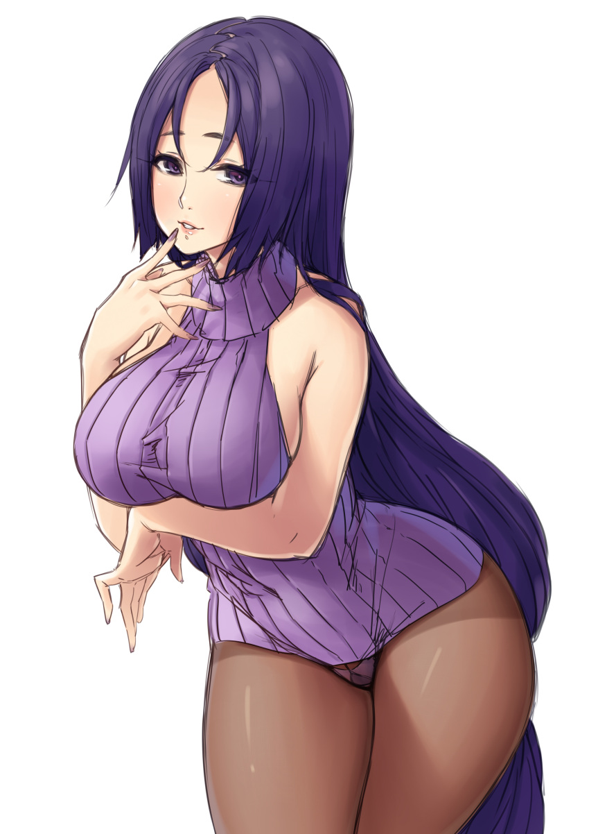 1girl absurdres bare_shoulders breasts curvy fate/grand_order fate_(series) forehead highres hips large_breasts long_hair looking_at_viewer minamoto_no_raikou_(fate/grand_order) nail_polish pantyhose parted_lips purple_hair ribbed_sweater rico_(game00985) sideboob simple_background smile solo sweater very_long_hair violet_eyes white_background wide_hips