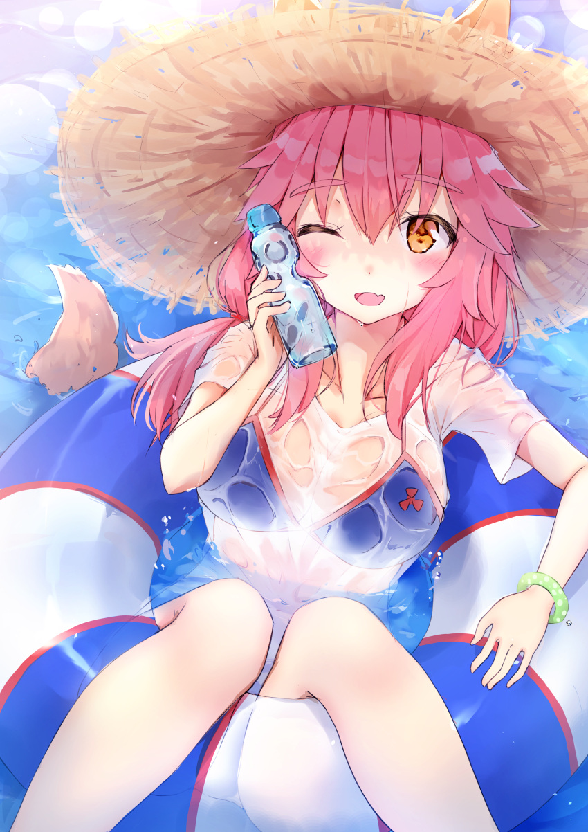 1girl absurdres animal_ears bikini blue_bikini blush bottle breasts cleavage collarbone fang fate/extra fate/grand_order fate_(series) fox_ears fox_tail hat highres large_breasts long_hair looking_at_viewer minikon ocean one_eye_closed open_mouth outdoors pink_hair see-through solo swimsuit tail tamamo_(fate)_(all) tamamo_no_mae_(swimsuit_lancer)_(fate) water water_bottle wet wet_clothes yellow_eyes