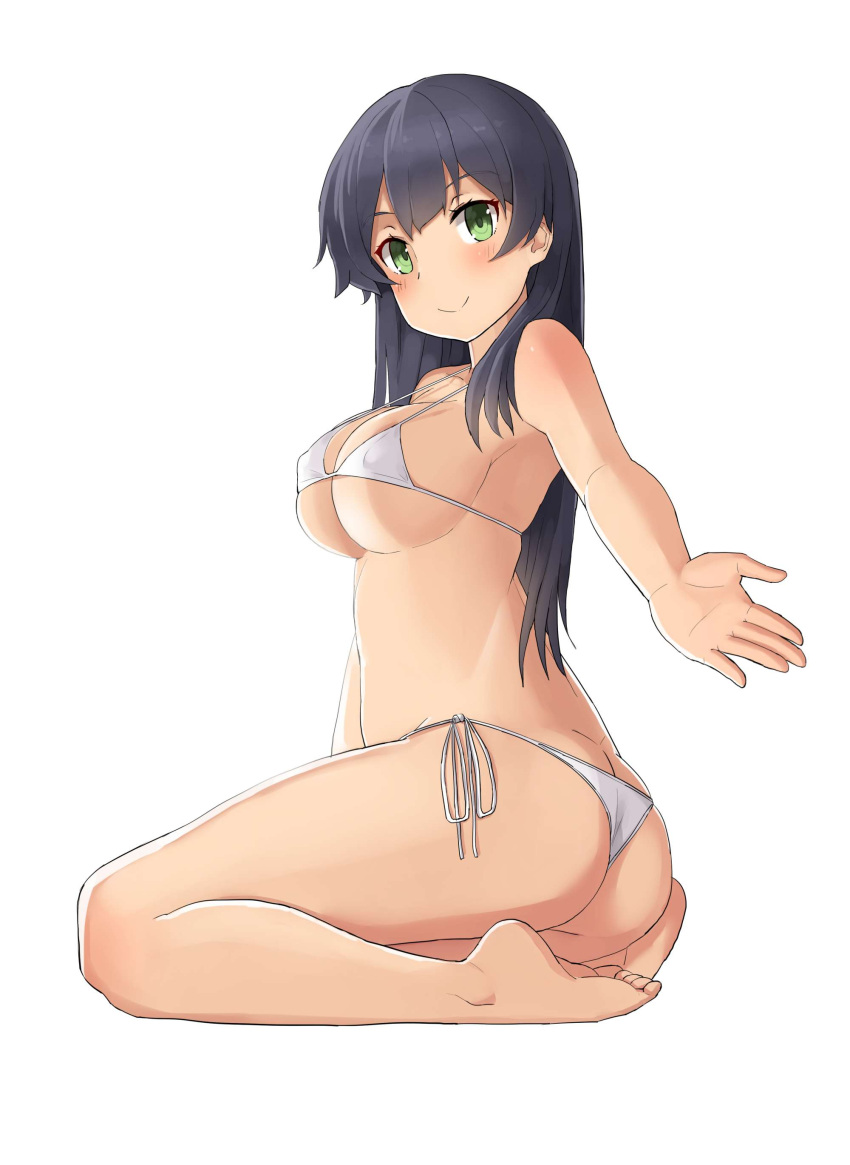 1girl absurdres agano_(kantai_collection) ass bare_arms bare_back bare_legs bare_shoulders bikini black_hair breasts green_eyes highres kantai_collection kneeling large_breasts long_hair simple_background smile soil_chopsticks solo swimsuit toes white_background white_bikini