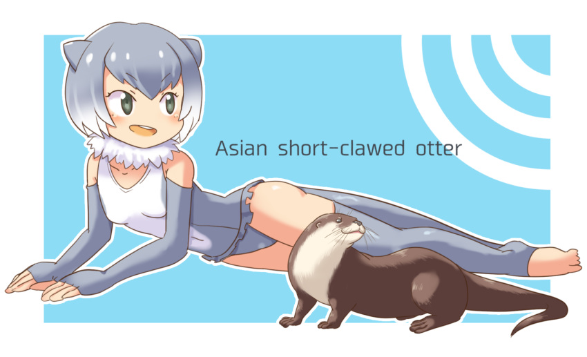 1girl :d character_name elbow_gloves fur_collar gloves gradient_hair green_eyes grey_hair kemono_friends multicolored_hair open_mouth otter otter_ears pozesuke small-clawed_otter_(kemono_friends) smile thigh-highs white_hair