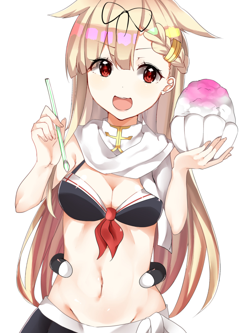 &gt;:d 1girl :d adapted_costume bikini black_bikini black_ribbon blonde_hair hair_flaps hair_ornament hair_ribbon hairclip highres holding kantai_collection long_hair open_mouth red_eyes remodel_(kantai_collection) rerua ribbon scarf shaved_ice simple_background smile solo swimsuit white_background white_scarf yuudachi_(kantai_collection)