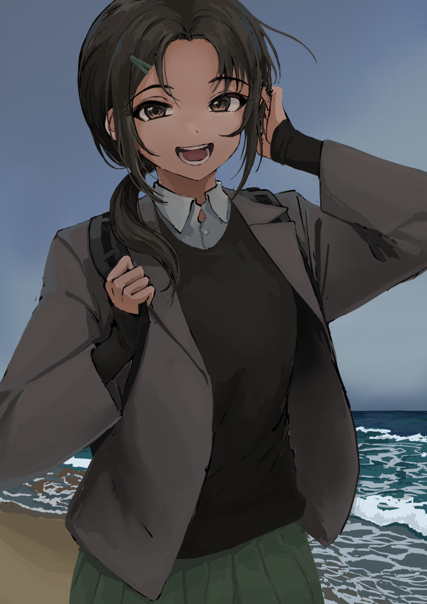 1girl absurdres aoki_kei beach black_hair black_shirt blazer green_skirt grey_jacket hair_over_shoulder highres idolmaster idolmaster_cinderella_girls jacket looking_at_viewer outdoors pleated_skirt ponytail shirt skirt smile solo trainer_(idolmaster) ushimochi