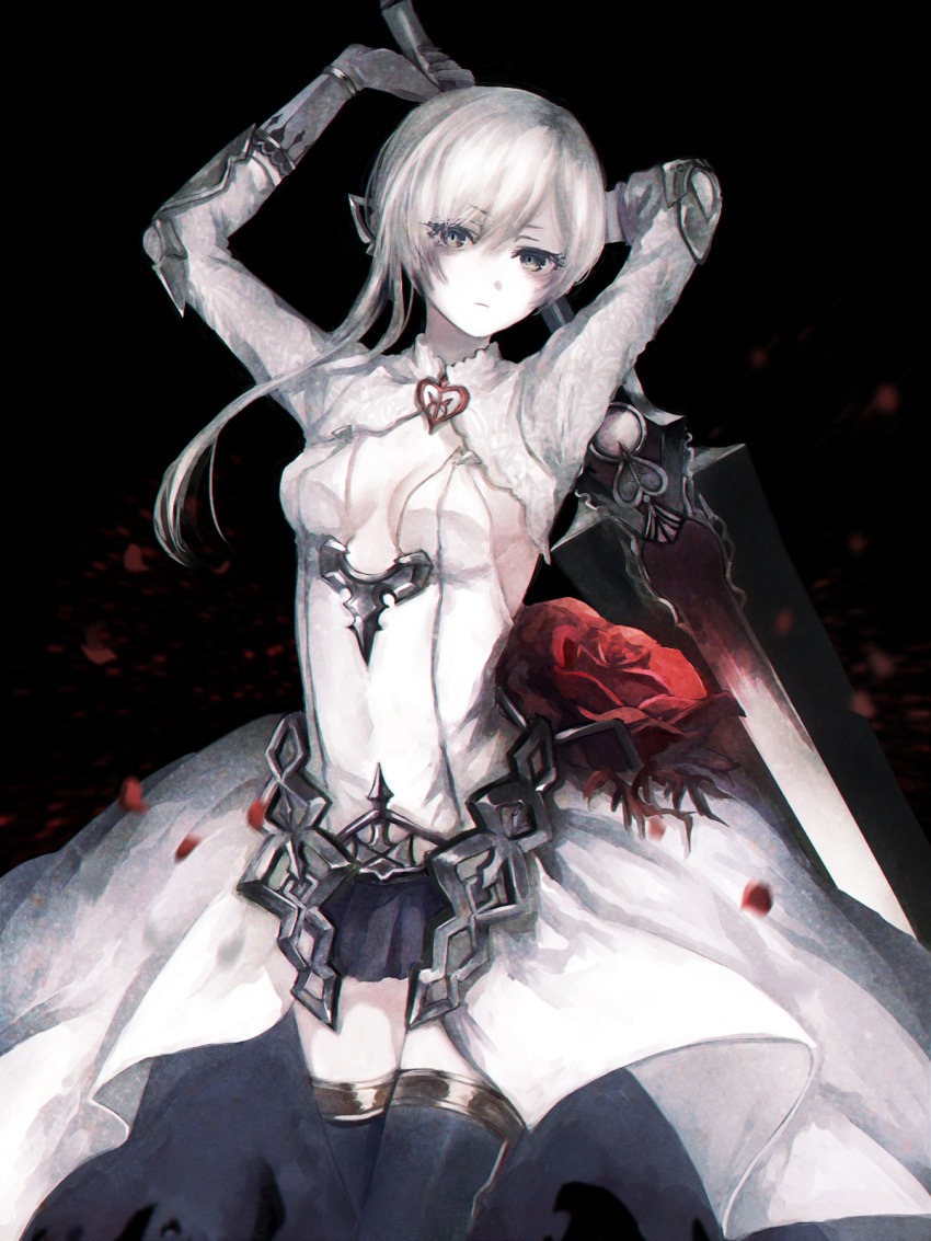 1girl armor armored_dress black_background breasts cleavage elbow_gloves expressionless eyelashes flower gloves grey_eyes hair_ornament highres looking_at_viewer petals rose silver_hair sinoalice snow_white_(sinoalice) solo sword thigh-highs weapon