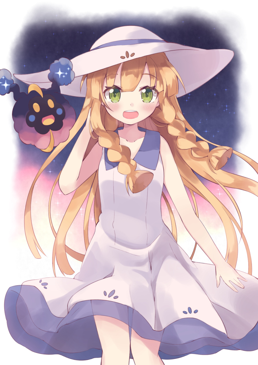 1girl :d bangs bare_arms bare_shoulders blonde_hair blush braid breasts collarbone collared_dress commentary_request cosmog cowboy_shot dress eyebrows_visible_through_hair gradient gradient_background green_eyes hand_in_hair hand_up hat hat_ribbon highres knees_together lillie_(pokemon) long_hair narumi_midori open_mouth pokemon pokemon_(game) pokemon_sm purple_ribbon ribbon see-through sleeveless sleeveless_dress small_breasts smile standing star_(sky) sun_hat sundress teeth twin_braids white_dress white_hat wing_collar