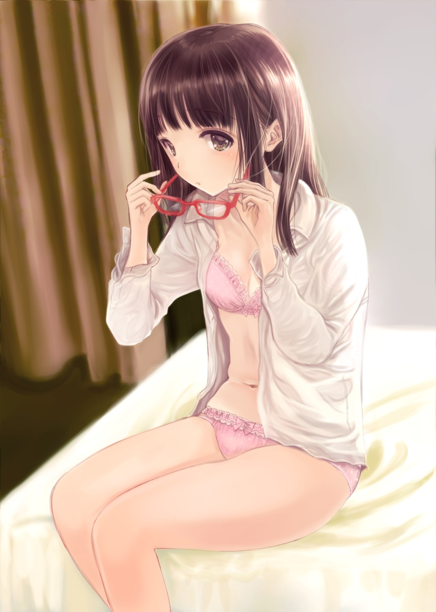 1girl bow bow_bra bow_panties bra brown_hair collared_shirt commentary eyebrows_visible_through_hair glasses green_eyes highres holding holding_glasses looking_at_viewer navel on_bed open_clothes open_shirt original panties pink_bra pink_panties polka_dot polka_dot_bra polka_dot_panties red-framed_eyewear shinku_akih shirt sitting solo stomach underwear white_shirt