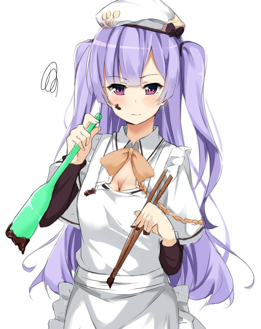 1girl absurdres ajax_(azur_lane) apron azur_lane bangs beret blush breasts chocolate chocolate_on_face chopsticks cleavage closed_mouth collared_shirt commentary_request eyebrows_visible_through_hair food food_on_face hat highres holding holding_chopsticks kohakope long_hair long_sleeves looking_at_viewer orange_neckwear purple_hair shirt short_over_long_sleeves short_sleeves simple_background sketch solo spatula squiggle two_side_up very_long_hair violet_eyes white_apron white_background white_hat white_shirt