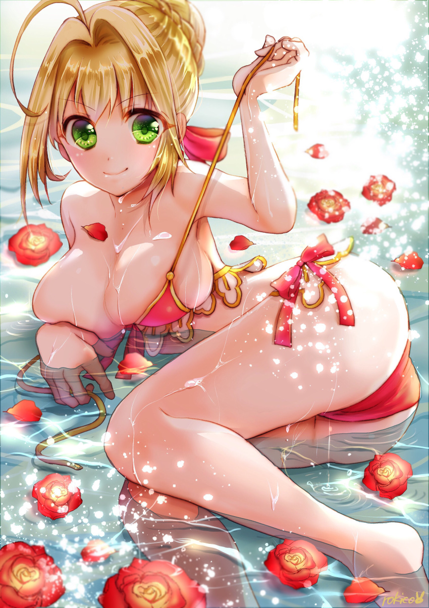 1girl absurdres artist_name ass bare_shoulders bikini blush bow breasts cleavage closed_mouth collarbone commentary_request covering covering_one_breast eyebrows_visible_through_hair fate/extra fate_(series) flower green_eyes hair_bow highres large_breasts looking_at_viewer lying on_side partially_submerged pulled_by_self red_bikini rokico rose saber_extra shiny shiny_hair side-tie_bikini smile swimsuit untied untied_bikini water wet