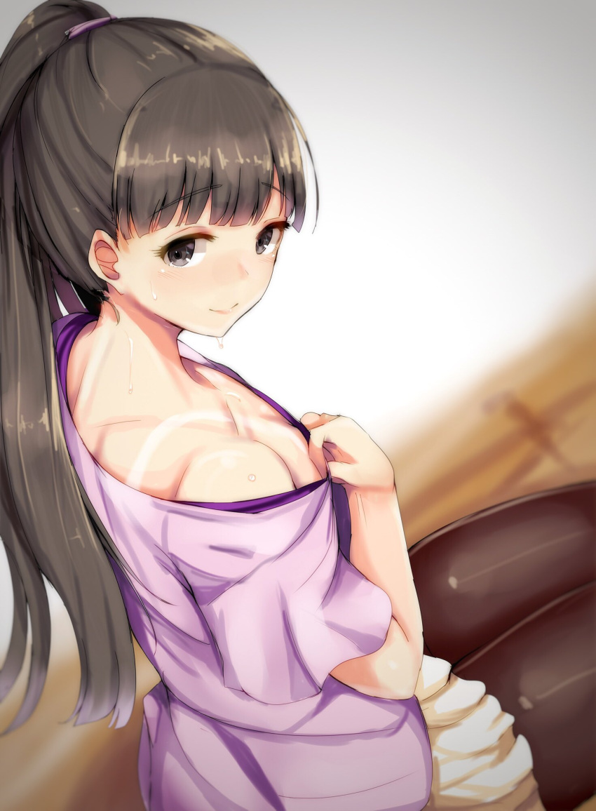 1girl bangs blunt_bangs blush brown_hair collarbone commentary_request eyebrows_visible_through_hair grey_eyes highres idolmaster idolmaster_cinderella_girls kobayakawa_sae long_hair looking_at_viewer looking_back nape off_shoulder pantyhose pleated_skirt ponytail purple_shirt ryuu. shirt shirt_pull sitting skirt smile solo sweat tan tanline white_skirt