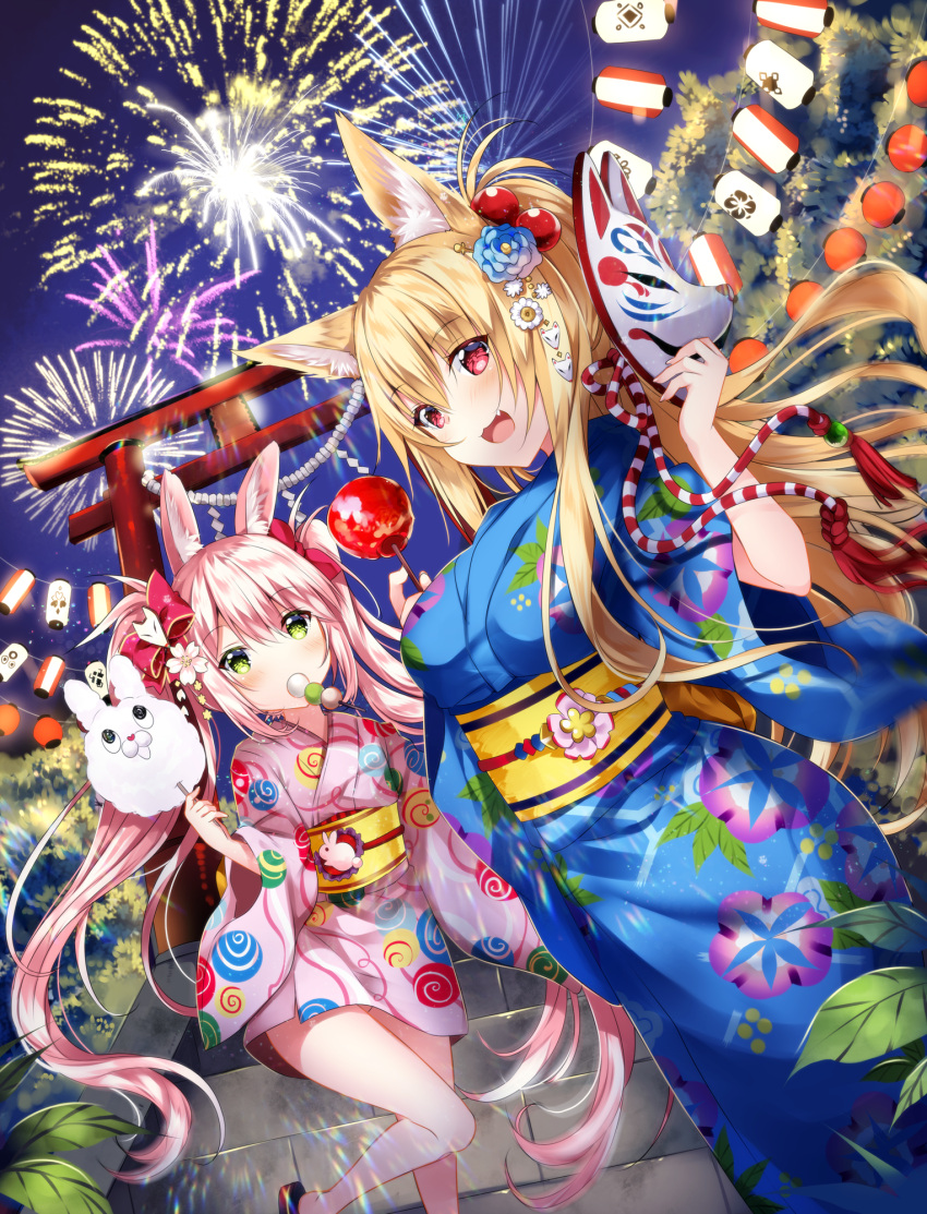 2girls animal_ears blonde_hair candy_apple cotton_candy fang fireworks food fox_ears fox_mask green_eyes highres japanese_clothes kimono lantern long_hair looking_at_viewer mask mouth_hold multiple_girls night open_mouth original paper_lantern pink_hair rabbit_ears red_eyes torii twintails usagihime yukata