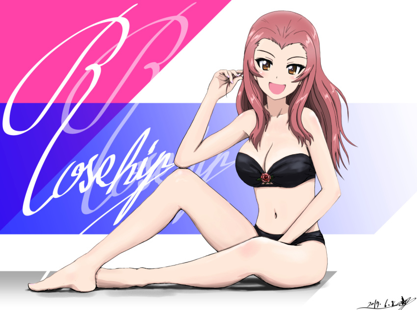 1girl :d blush breasts brown_eyes bukkuri character_name cleavage girls_und_panzer legs long_hair medium_breasts navel open_mouth pink_hair rosehip smile solo thighs