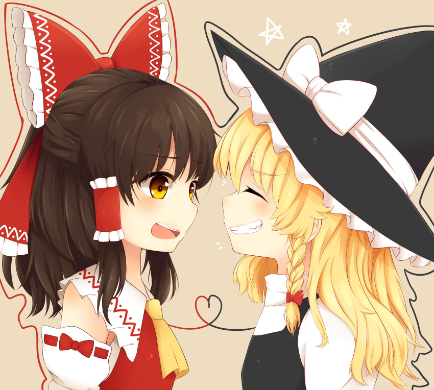 &gt;:) 2girls :d ^_^ absurdres blush bow braid brown_hair closed_eyes commentary detached_sleeves face-to-face fang flying_sweatdrops grin hair_bow hair_tubes hakurei_reimu hat heart heart_of_string highres kirisame_marisa long_hair medium_hair multiple_girls nervous_smile open_mouth riza_dxun single_braid smile solo touhou witch_hat yellow_eyes yuri