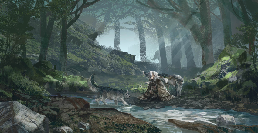 1girl animal forest hair_over_one_eye highres july_(shichigatsu) long_hair looking_away moss nature original red_eyes rock scenery squatting stream tree water white_hair wolf