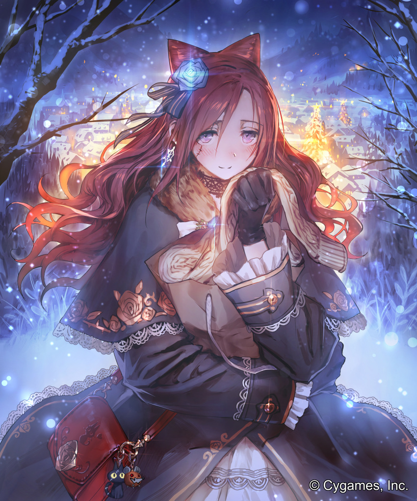 1girl absurdres bag bare_tree beige_scarf black_coat black_gloves blush brown_hair building capelet ceres_(shingeki_no_bahamut) christmas_lights closed_mouth company_name earrings facial_scar floral_print flower glint gloves hair_between_eyes hair_flower hair_ornament handbag highres holding jewelry lace_choker light_particles long_hair night official_art okada_manabi outdoors paper_bag purple_rose rose scar shingeki_no_bahamut skirt smile snow snowing solo tree violet_eyes watermark wavy_hair white_skirt