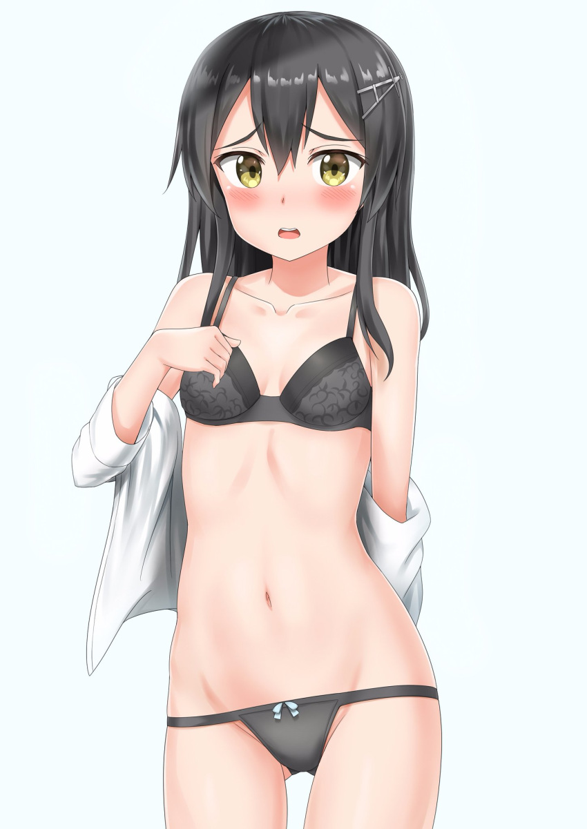 1girl black_bra black_hair black_panties blush bra embarrassed hair_ornament hairpin hand_on_own_chest highres kantai_collection long_hair looking_at_viewer navel nedia_r open_mouth oyashio_(kantai_collection) panties simple_background solo underwear yellow_eyes