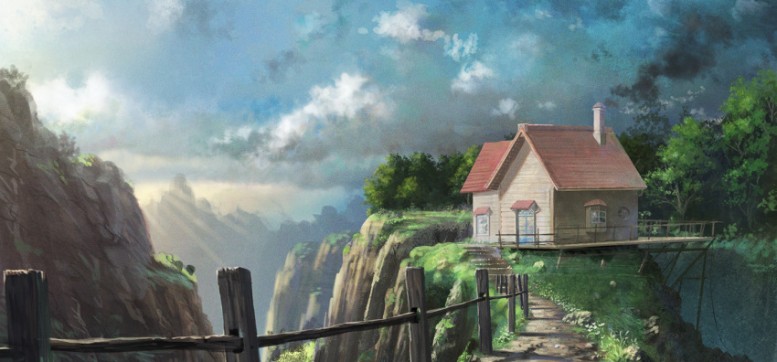 building chimney cliff dirt_road door house kai_sei no_humans original porch railing scenery tree window