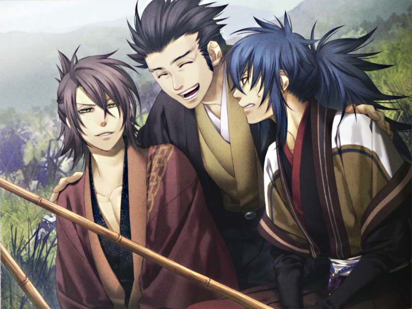 blue_hair hakuouki_shinsengumi_kitan ibuki_ryuunosuke kazuki_yone kondou_isami_(hakuouki) okita_souji_(hakuouki) yellow_eyes