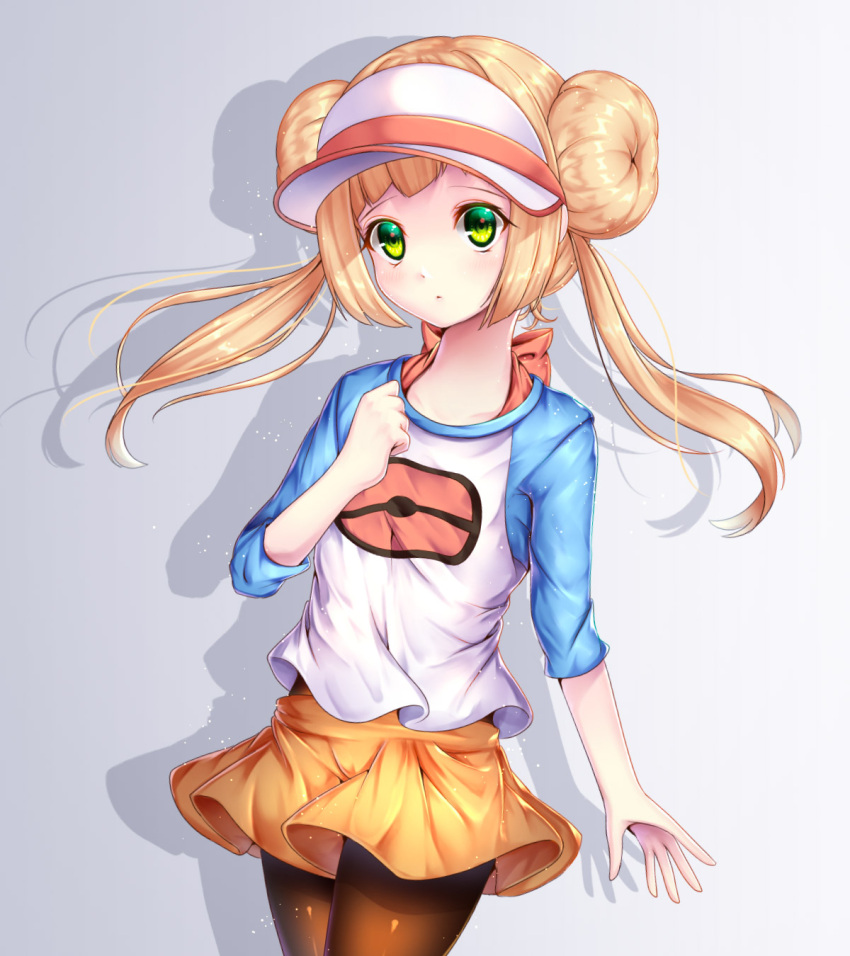 1girl bangs black_legwear blonde_hair blunt_bangs blush bow chiyu_(kumataro0x0) clenched_hand closed_mouth commentary_request cosplay cowboy_shot double_bun flat_chest gradient gradient_background hand_on_own_chest highres legwear_under_shorts light_particles lillie_(pokemon) long_hair long_sleeves looking_at_viewer mei_(pokemon) mei_(pokemon)_(cosplay) pantyhose pink_bow poke_ball_print pokemon pokemon_(game) raglan_sleeves shadow shirt short_shorts shorts sidelocks solo standing tareme twintails two-tone_background visor_cap white_cap yellow_shorts