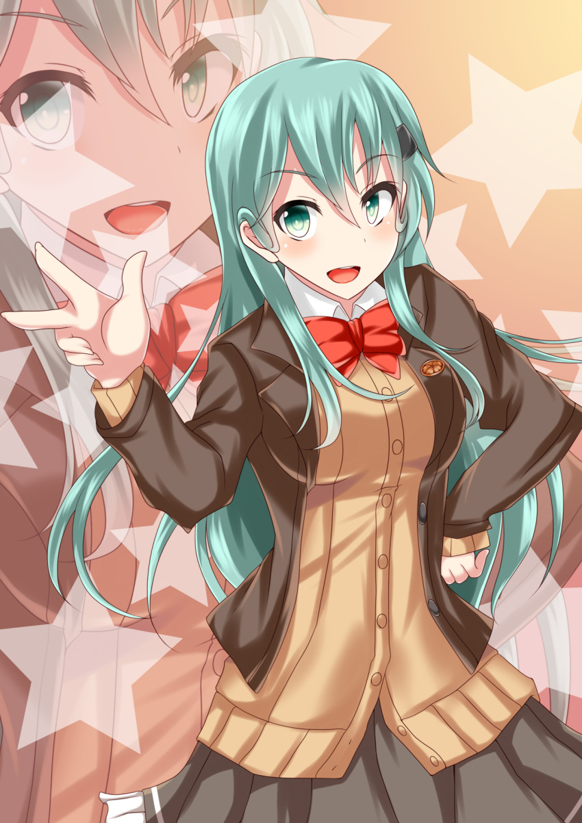 1girl :d aqua_eyes aqua_hair ayasato_karen blush breasts hair_between_eyes hand_on_hip highres jacket kantai_collection medium_breasts open_mouth smile solo suzuya_(kantai_collection) uniform v zoom_layer