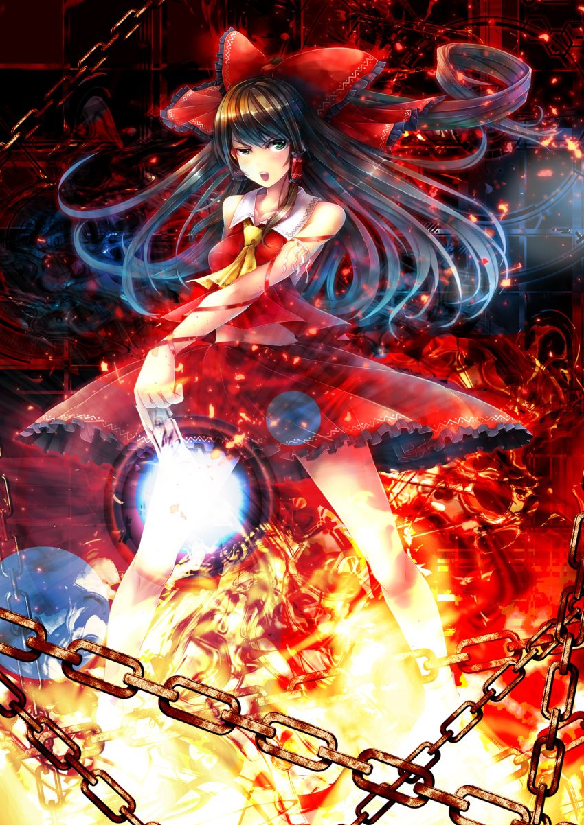 1girl alternate_eye_color arm_ribbon arm_strap ascot bare_shoulders black_frills black_hair blush bow breasts chains embers energy fire frilled_bow frilled_skirt frills glowing glowing_hair green_eyes hair_bow hair_ribbon hair_tubes hakurei_reimu half-closed_eye highres ishihara_(kuniyoshi) light_rays lips long_hair long_ponytail looking_at_viewer medium_breasts navel open_mouth patterned_background red red_shirt red_skirt ribbon rope serious shimenawa shiny shiny_hair shiny_skin shirt shirt_lift skirt skirt_lift sleeveless sleeveless_shirt solo standing talisman teeth touhou very_long_hair wind