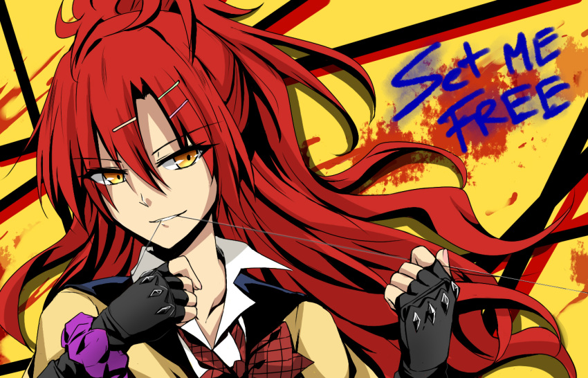 1girl akuma_no_riddle black_gloves bow bowtie collarbone eyebrows_visible_through_hair fingerless_gloves gloves hair_between_eyes kago-tan long_hair looking_at_viewer loose_bowtie mouth_hold parted_lips portrait red_bow red_bowtie redhead sagae_haruki simple_background solo upper_body very_long_hair yellow_background yellow_eyes