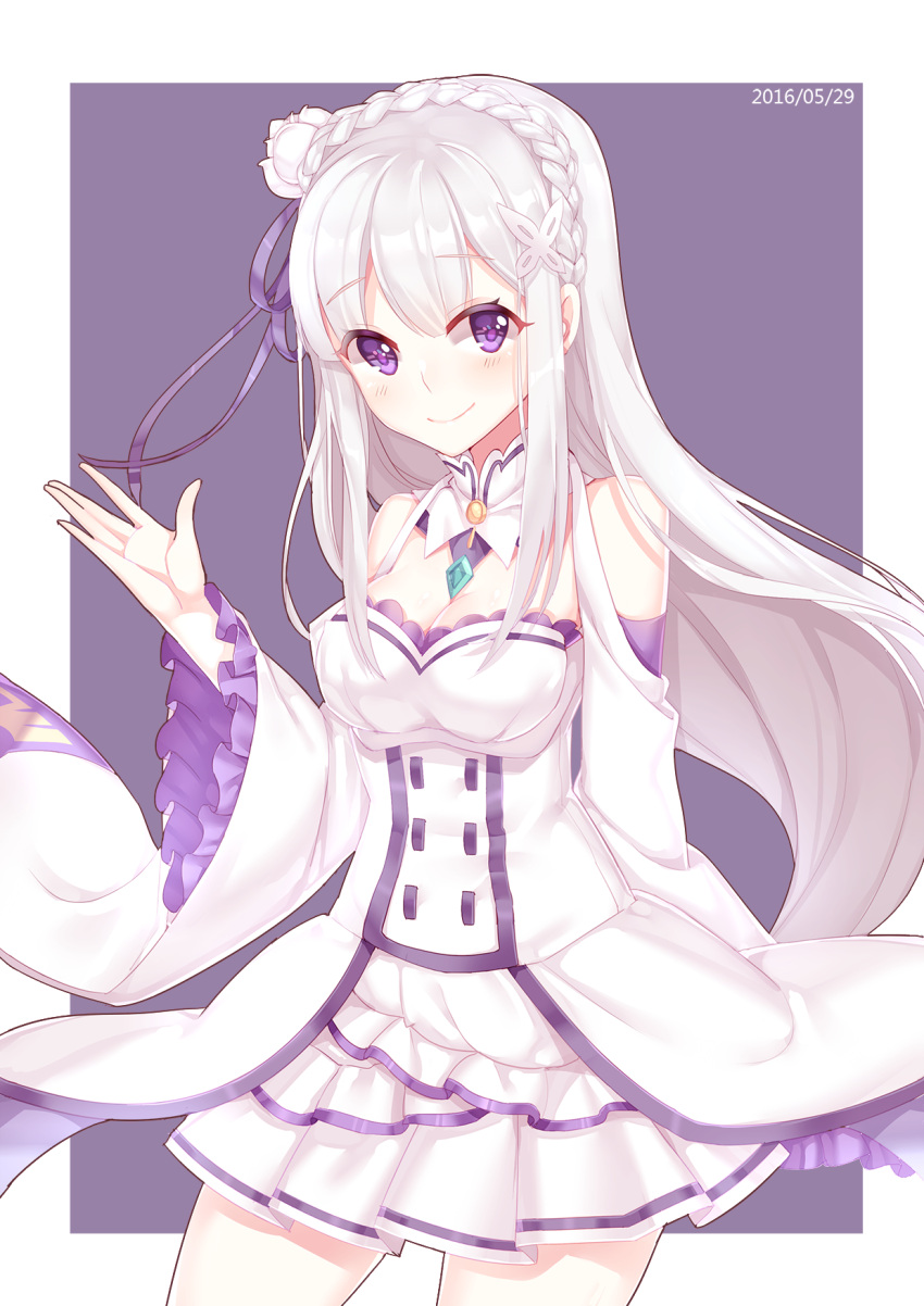 blush breasts cleavage detached_sleeves emilia_(re:zero) eyebrows_visible_through_hair hair_ribbon highres kan_(rainconan) large_breasts long_hair long_sleeves looking_at_viewer purple_ribbon re:zero_kara_hajimeru_isekai_seikatsu ribbon skirt smile violet_eyes white_hair white_skirt