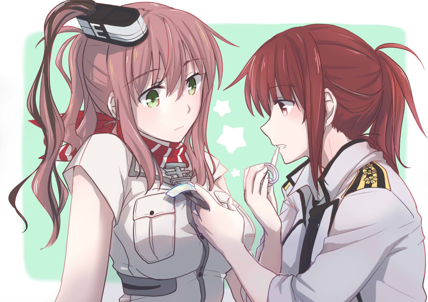 2girls absurdres adjusting_clothes anchor breast_pocket brown_eyes brown_hair commentary female_admiral_(kantai_collection) green_eyes headgear highres holding kantai_collection long_hair military military_uniform mouth_hold multiple_girls naval_uniform pin.s pocket redhead saratoga_(kantai_collection) scarf tape uniform