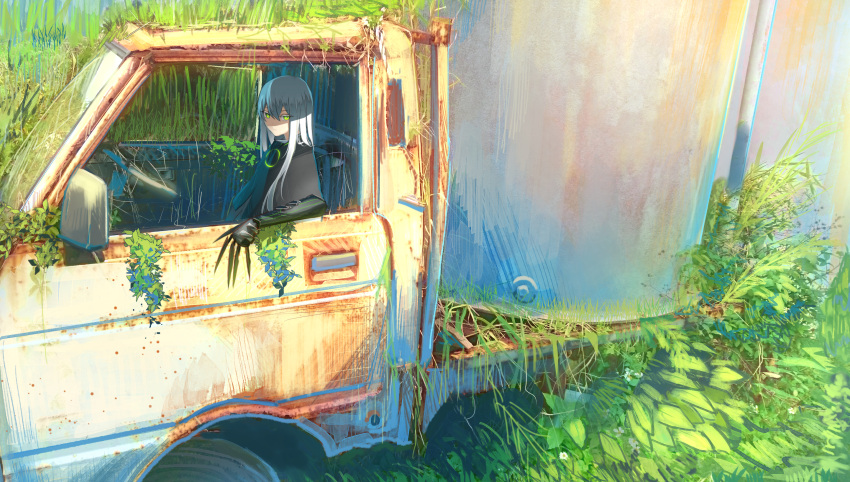 1girl asuteroid claws eyebrows_visible_through_hair grass green_eyes ground_vehicle highres long_hair looking_at_viewer mirror moss motor_vehicle original overgrown plant silk sitting solo spider_web steering_wheel truck white_hair
