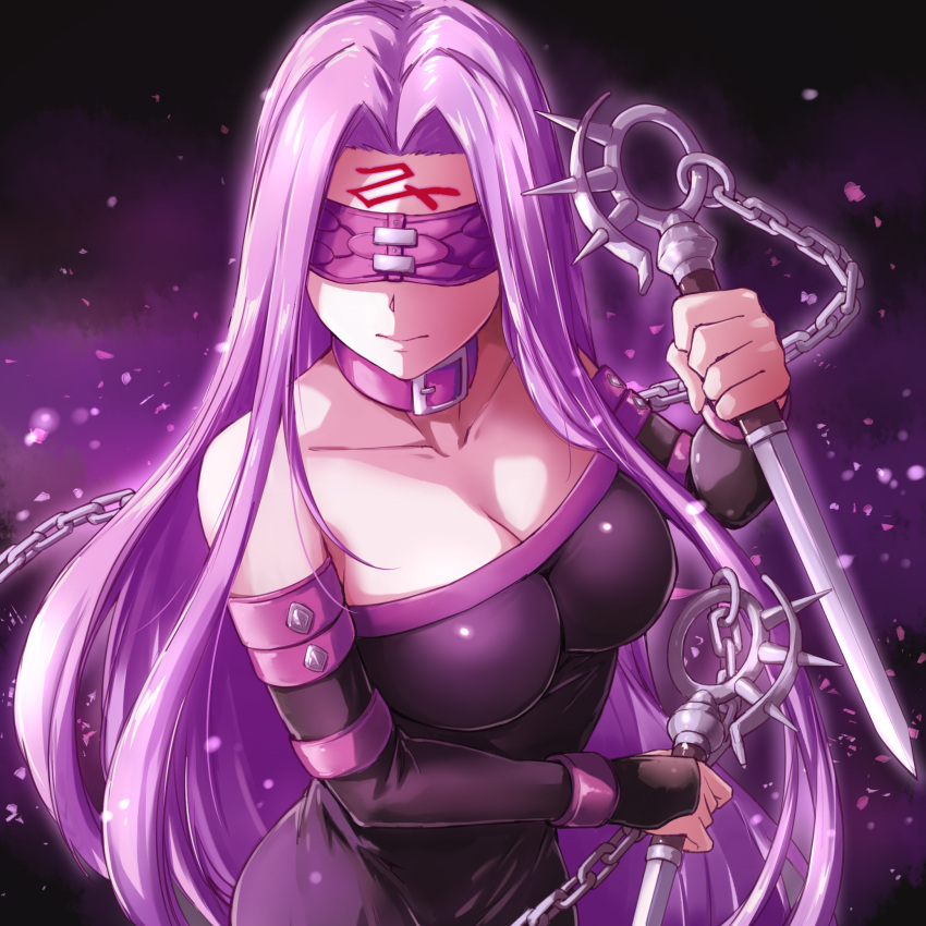 1girl a4typhoon blindfold breasts cleavage collar dress facial_mark fate_(series) forehead_mark graphite_(medium) highres long_hair purple_hair rider solo strapless strapless_dress traditional_media weapon